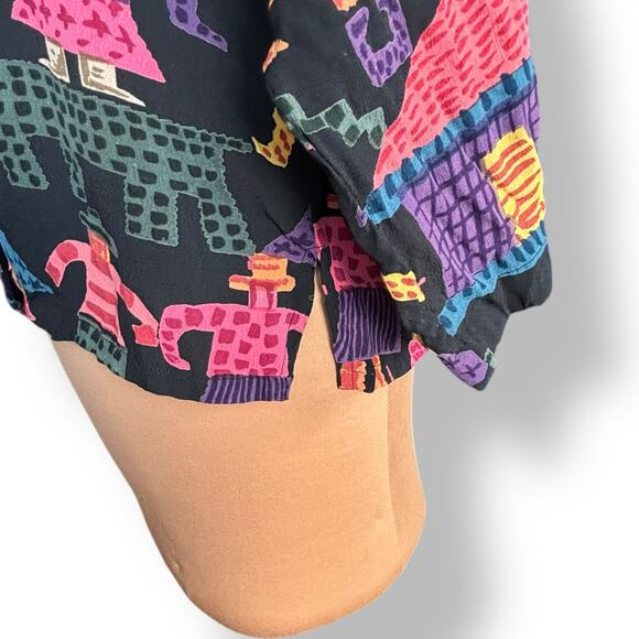 Vintage 90s Rayon Shirt Medium Colorful Yellow Tribal Abstract Animal Print - Picture 3 of 11